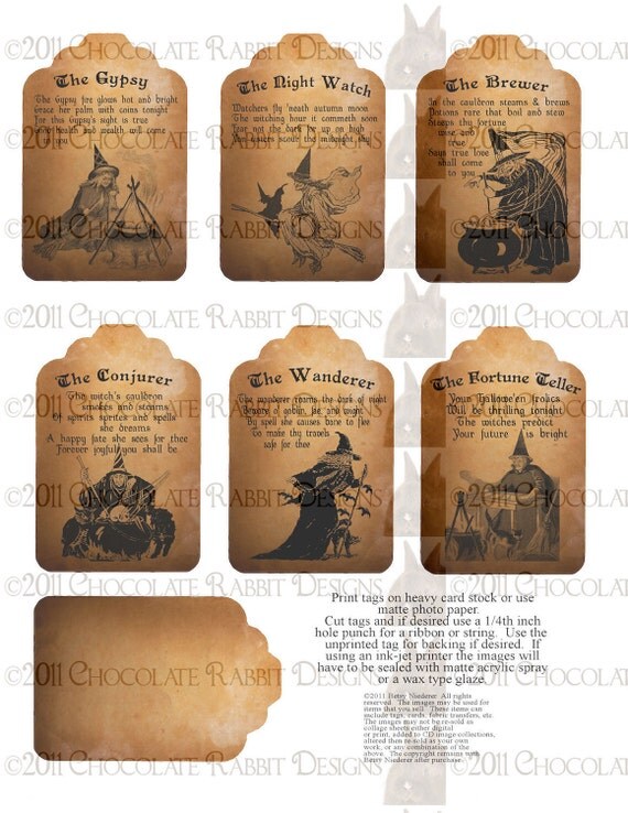 Vintage Halloween Witch Fortune Teller Tag Digital Download