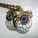 Vintage Owl Pendant Necklace Enamel Rhinestone White Blue