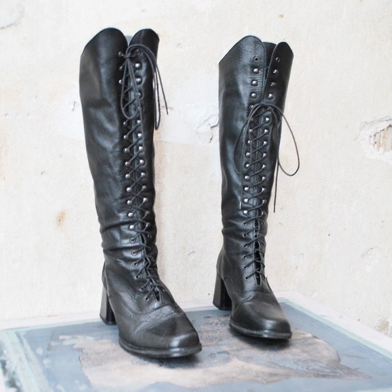 90s black leather tall LACE UP boots. knee by retrospectrovintage