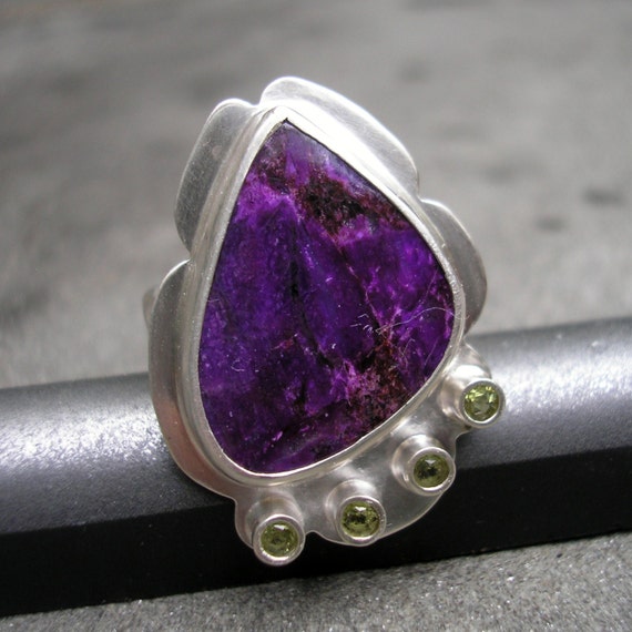 Sugilite Peridot Ring Purple Gem Ring with Peridots