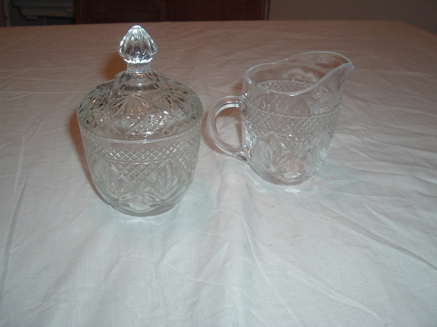 vintage clear glass diamond cut cream and sugar set with lid