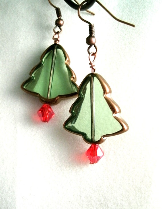 christmas tree light green glass earrings with red crystal christmas tree light green glass earrings with red crystal