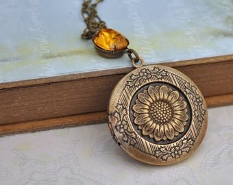 photo locket necklace - THE SUNFLOWER LOCKET - antiqued brass necklace with vintage honey topaz color glass jewel