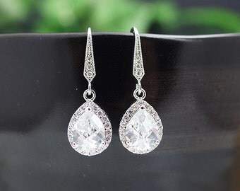 Wedding Jewelry Bridal Jewelry Bridal Earrings Bridesmaid Earrings Lux Cubic Zirconia Tear drop Dangle Earrings Bridesmaid gift (E-B-0009)