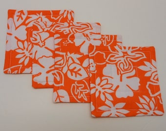 Orange Quilted Coasters Set Reversible Orange Tropical Flower Fabrics by SEW FUN QUILTS