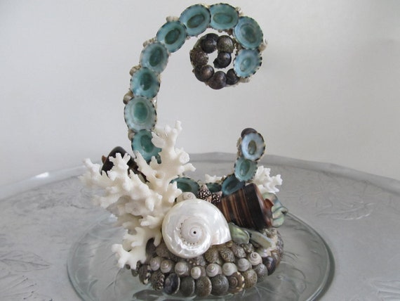 Beach Wedding ELEGANT INITIAL Turquoise Limpet Shelled Cake Topper