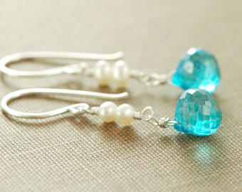 Swiss Blue Pearl Drop Earrings in Sterling Silver, Wire Wrap Dangle Earrings, aubepine