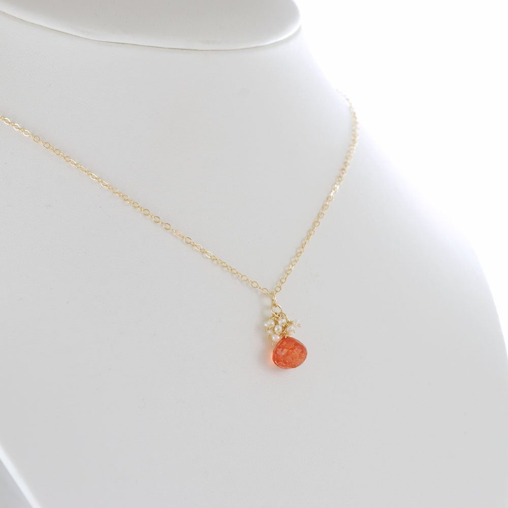 Orange Stone Necklace with Seed Pearl Cluster Gold Pendant