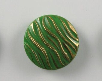 3 Vintage Czech Glass Buttons - Gold Metallic on Green Glass