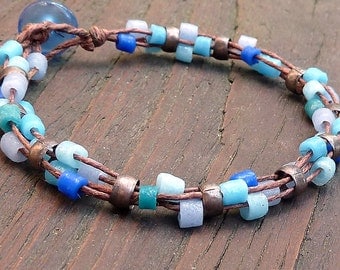 Blue Mosaic Bracelet - Blue Recycled Glass Beads, Brown Hemp, Multi Strand Bracelet