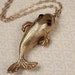 Vintage Fish Locket Necklace, Unique Pendant, Long Gold Chain, Whimsical Perfume, Brown Yellow Eyes, Hidden Carrier, Secret Compartment
