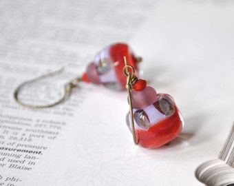 Modern Watermelon Lampwork Earrings, Red Purple Glass Earrings