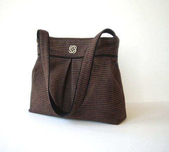 Brown and Black Pleated Shoulder Bag Houndstooth Medium