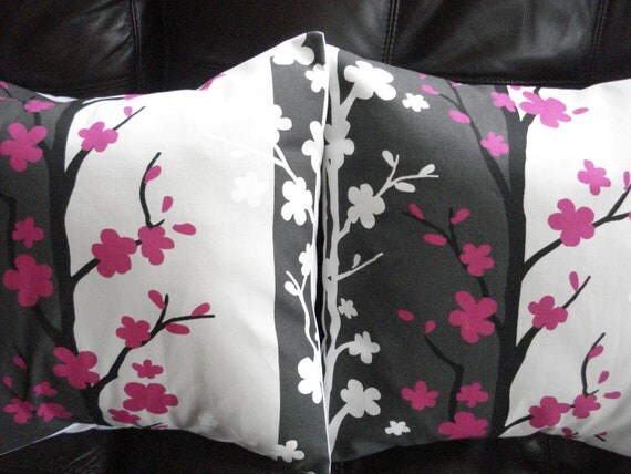 Decorative pillows fuschia pink blossom black cream by VeeDubz