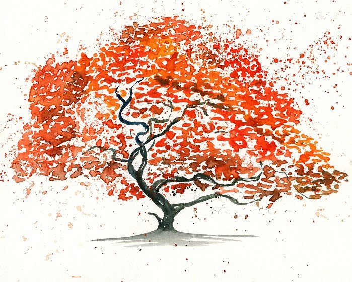 Japanese maple Tree Landscape painting-Watercolor-Orange by Ireart