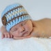 Hand Crocheted Newborn Baby Boy Beanie Cap with Large Coconut Button