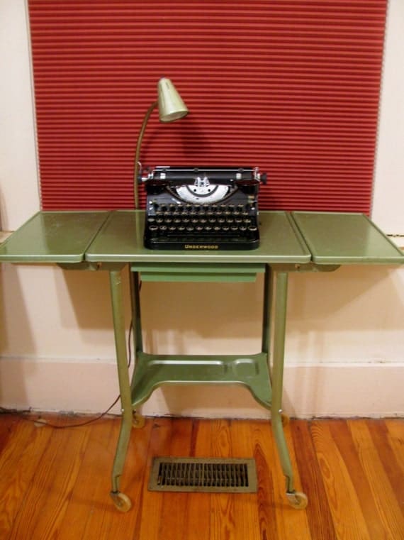 Green METAL TYPEWRITER TABLE With Lamp Industrial Vintage