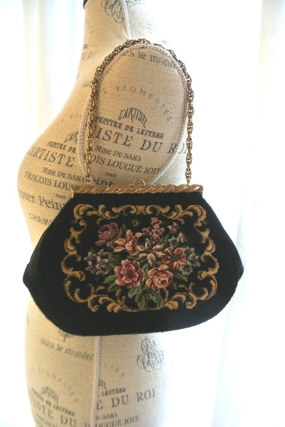 Vintage floral needlepoint purse vintage rose handbag shabby