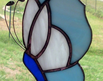 Butterfly Blue White Streaky Stained Glass Pattern Design