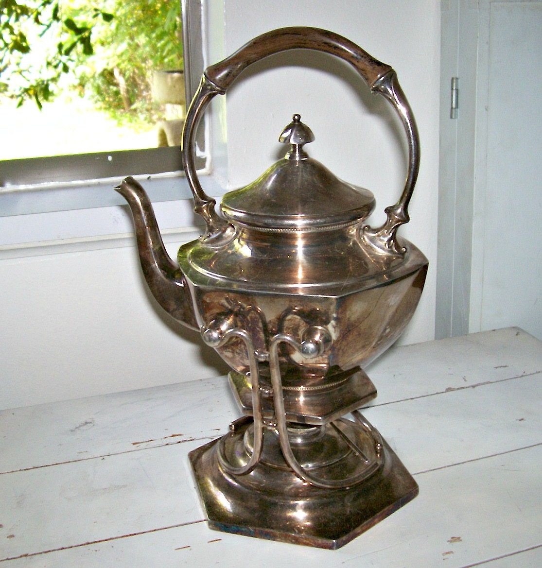 Antique Silver Plate Tilting Tea Pot Burner and Stand