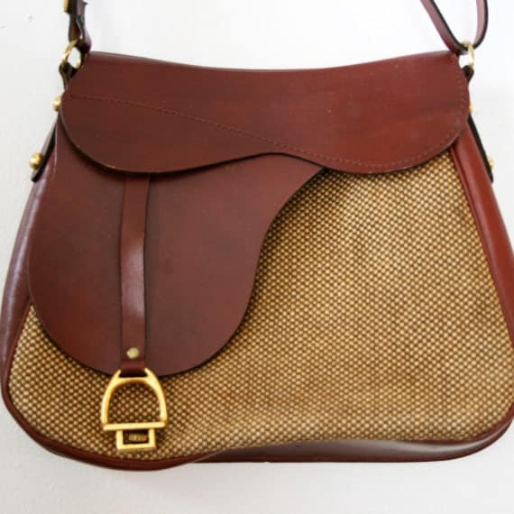 Oxblood Leather and Tweed 1970s Equestrian Style Saddle Bag