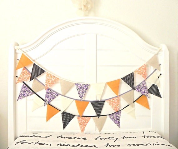 Fall Pumpkin and Plum Fabric Bunting Pennant Garland Decoration 9 Feet / Vintage Circus Style Il_570xn