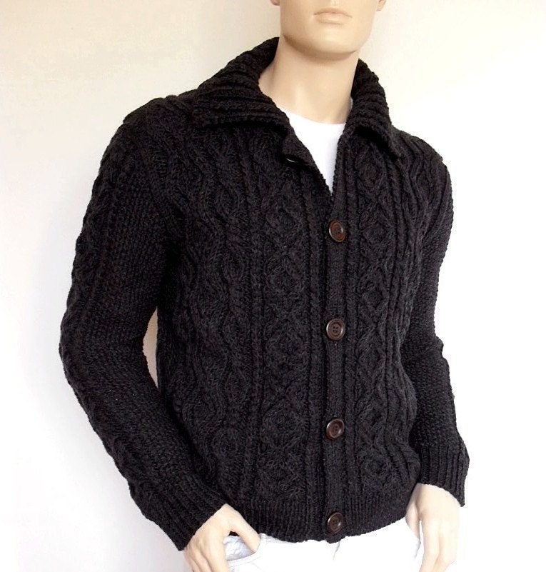  Men  Sweater Hand Knit  Cable Cardigan Merino wool Aran Knit 