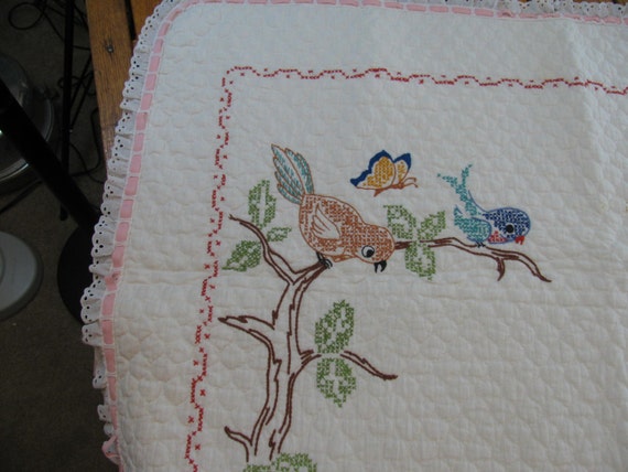 Vintage Bambi Hand Embroidered Baby Quilt Blanket Throw