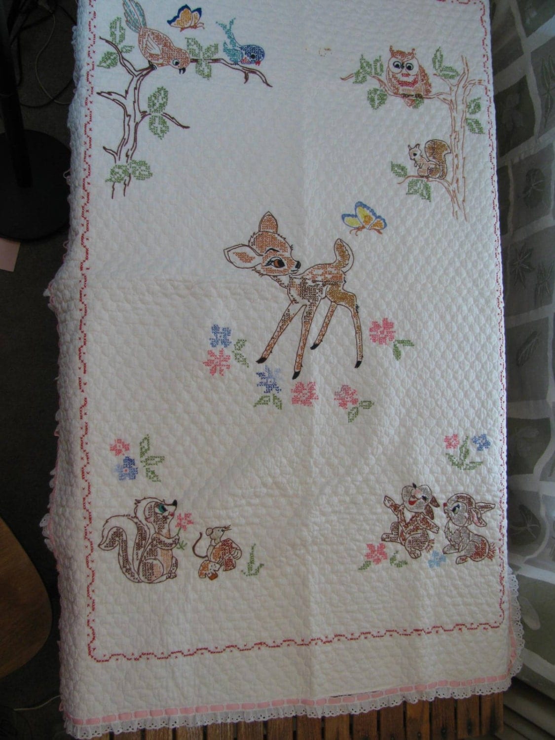 Vintage Bambi Hand Embroidered Baby Quilt Blanket Throw