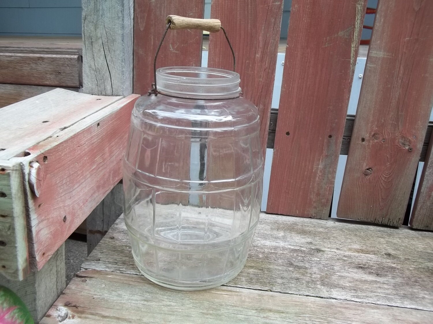 Vtg Large Glass Pickle Jar Farmhouse Kitchen Wire and Wood