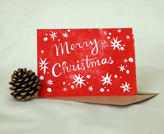 Items similar to Merry Christmas Linocut Block Print Card on Etsy