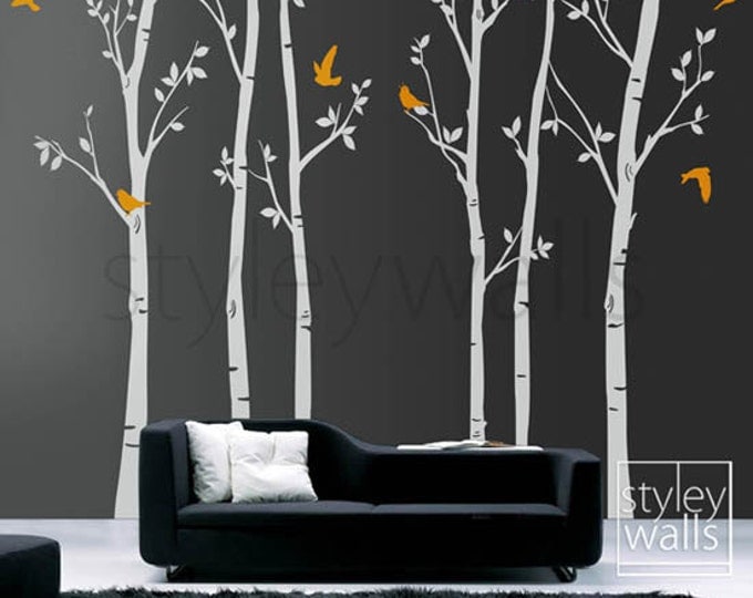 Tree wall decals Winter trees decal Birds nature Forest Trees with Birds Home Decor Set of 6 Vinyl Wall Decal Nursery Baby children Sticker