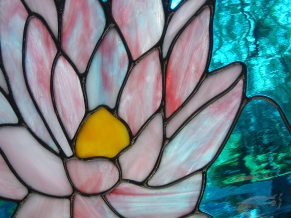 Stained Glass Blue Round Flower Water Lily Lotus Panel Sun