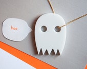 Spooky Halloween Ghost Necklace - Modern White Laser Cut Pendant - Boo Gold Chain - Fall Fashion