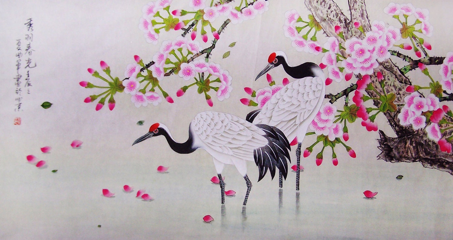 original painting chinese traditional art lovely cranes