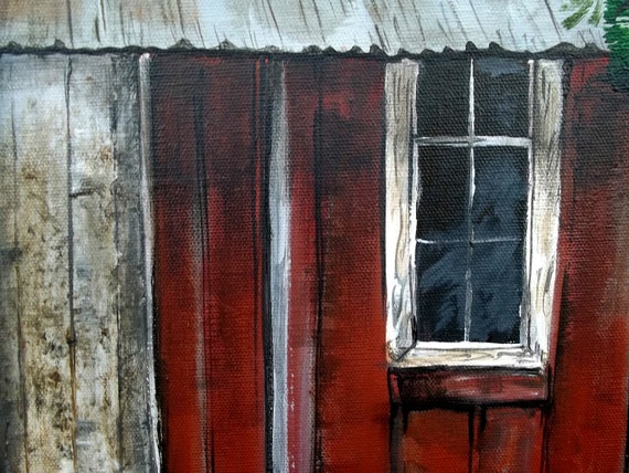 original painting of faded red shack on farm in the country