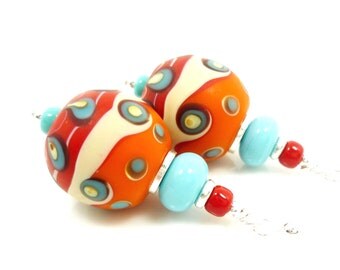 Orange Red & Turquoise Earrings, Lampwork Earrings, Glass Earrings, Glass Bead Earrings, Southwestern Earrings, Southwest Jewelry, Unique