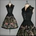 Vintage 1950s Dress . Black Cotton . Full Skirt . Novelty Print . M/L . 1880
