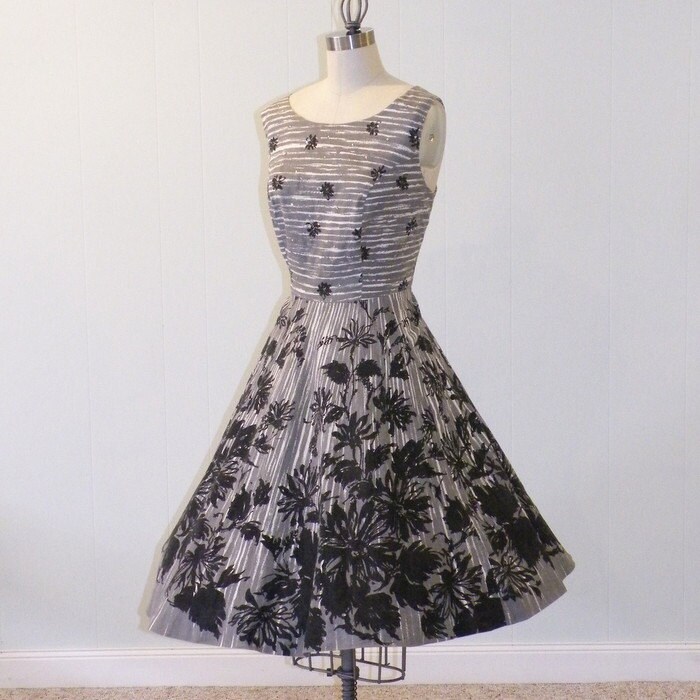 1950s Sundress 50s Dress Ivory Grey Cotton Black Floral