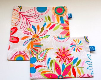 Reuseable Eco-Friendly Set of Snack and Sandwich Bags in Cream Floral Fabric