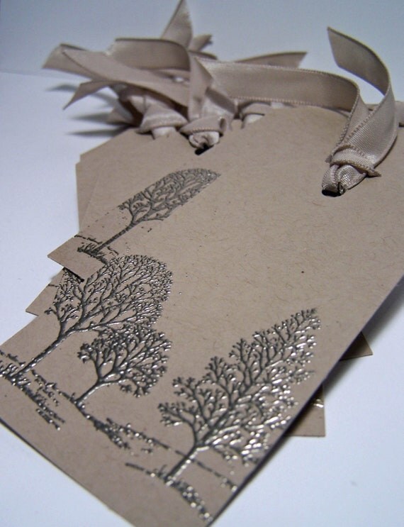 Items similar to Pewter embossed tree gift tags set of 8 on Etsy