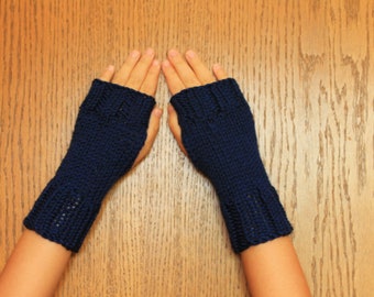 Hand Knit Fingerless Mittens/Texting Gloves - Navy Wrist Warmers- One Size Fits All