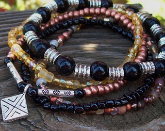 Protector - Black Onyx Gemstone Beaded Bracelet, Czech glass Stretch Bracelets, beaded stack bracelets, Tribal Gypsy bracelets