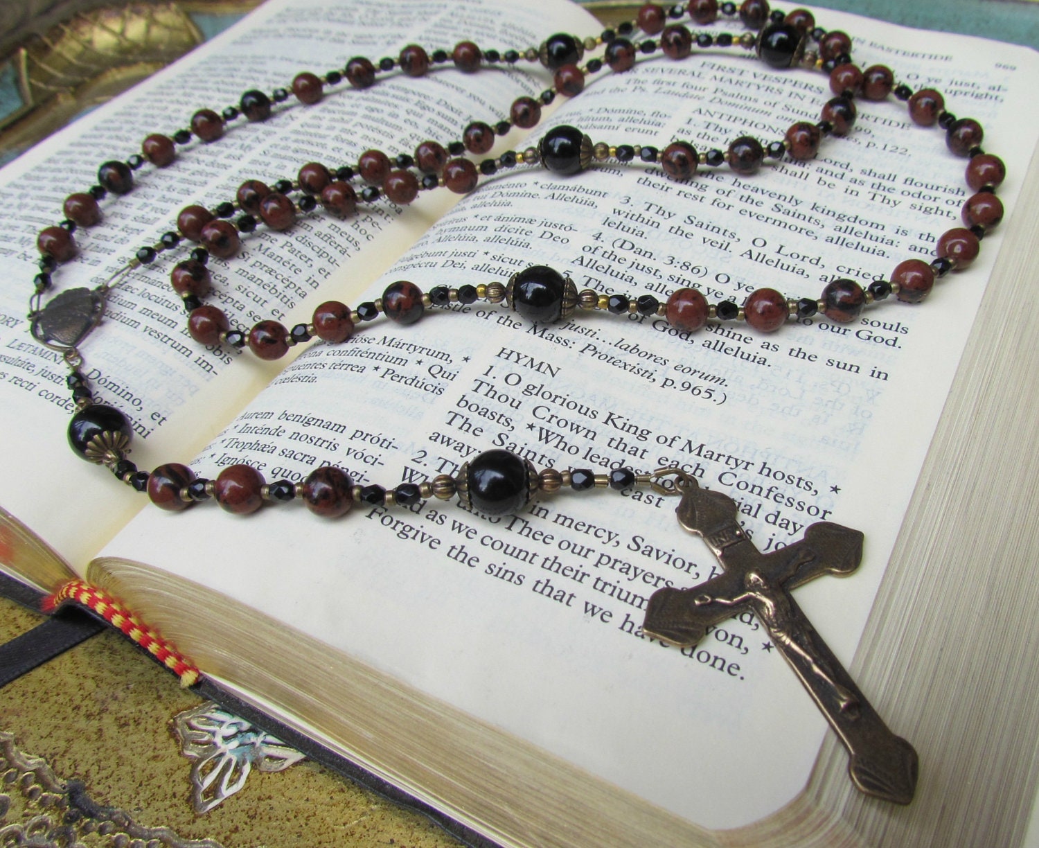 Mens Catholic Rosary Beads Vintage Style Necklace with Brown