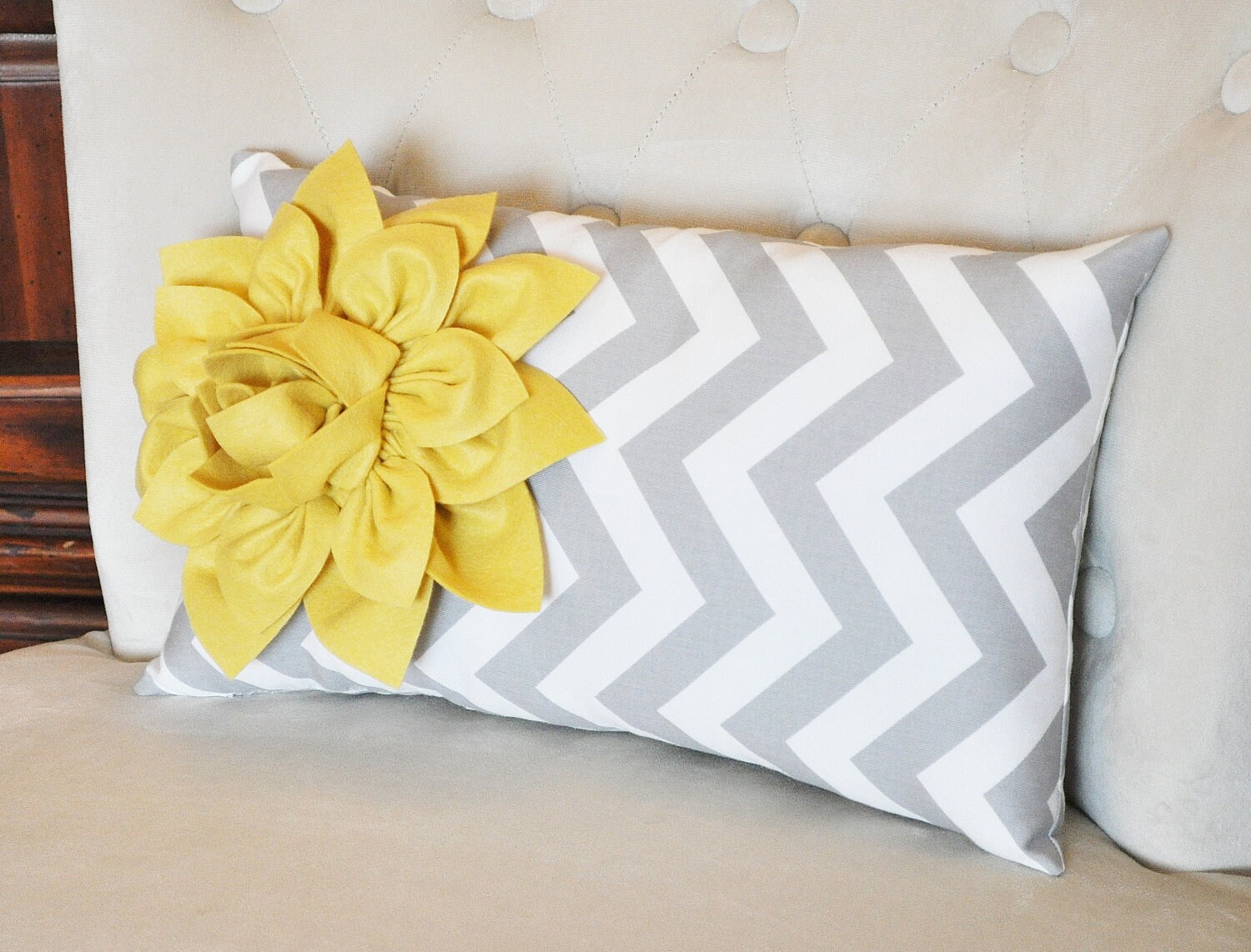 Chevron Lumbar Pillow Mellow Yellow Dahlia on Gray and White