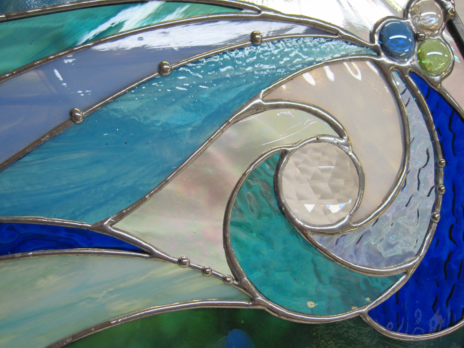 Ocean Wave Stained Glass Round Panel