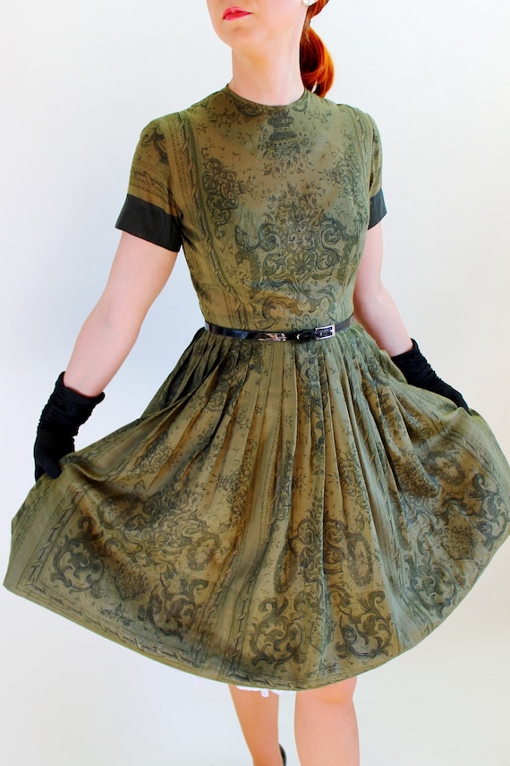 Sale Vintage 1950s Olive Green Toile Print Dress. Mad Men