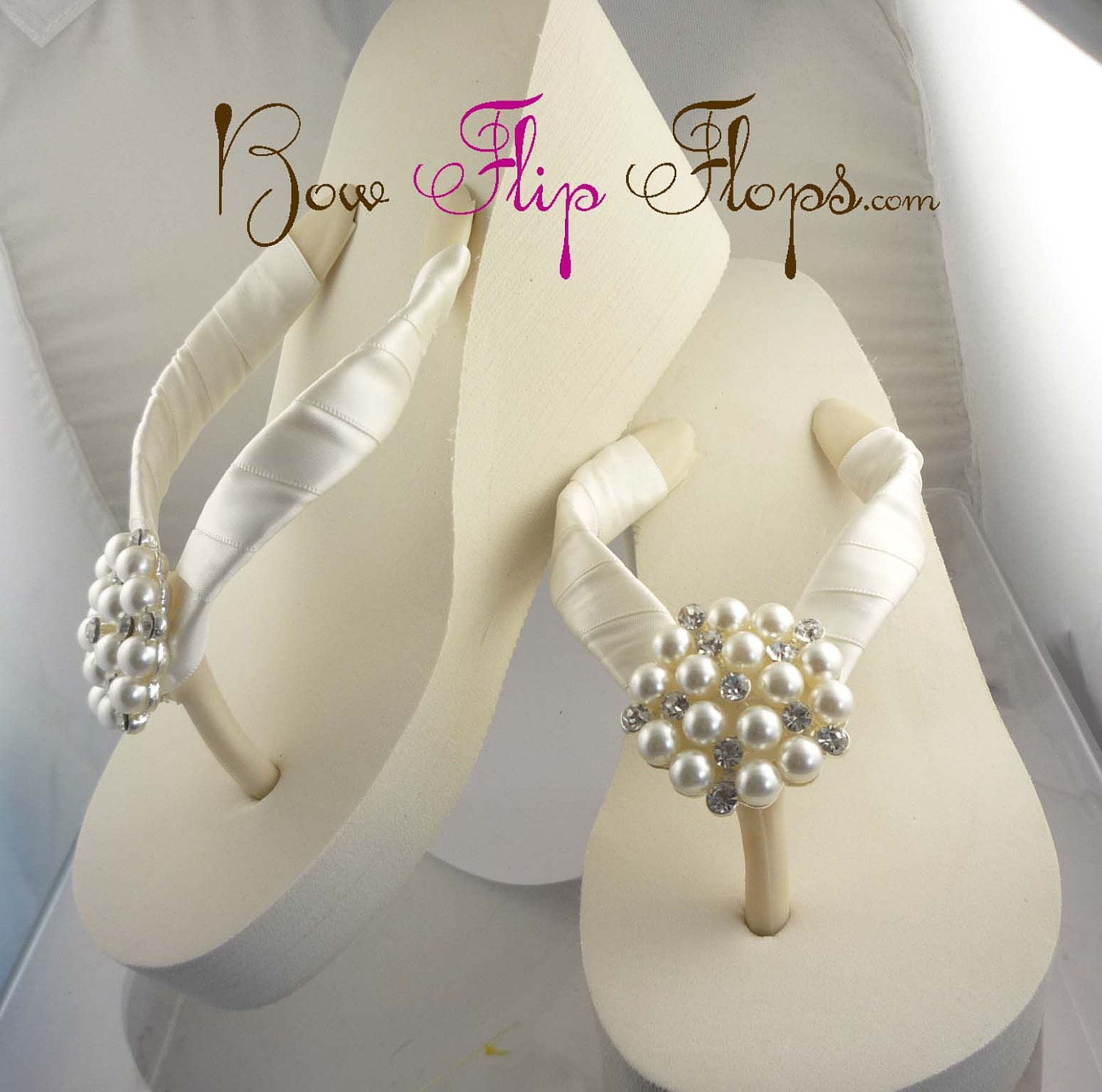 Ivory Wedge Bridal Flip Flops Rhinestone Satin by BridalFlipFlops