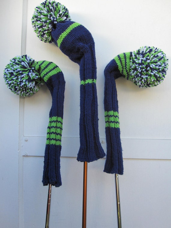 Hand Knit Golf Club Head Covers Set of 3 Navy Lime Green White