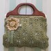 WOMAN'S , HANDBAG, Dusty Green, oversized, hand knitted, with brown wooden handles and crocheted applique